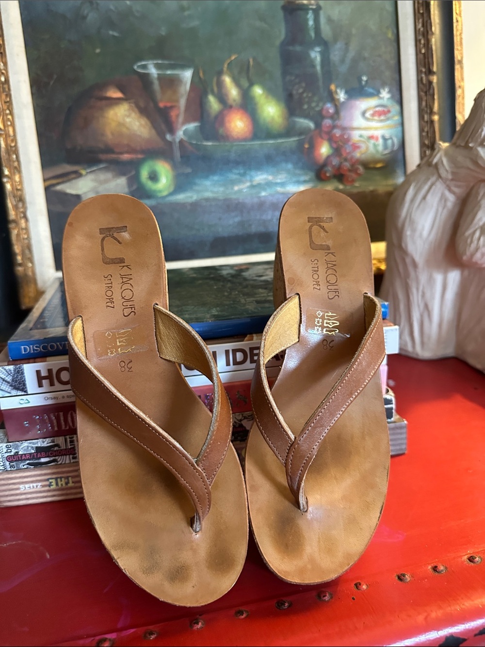 K.Jacques Brown Leather Cork Wedge Thong Sandals - Picture 3 of 4